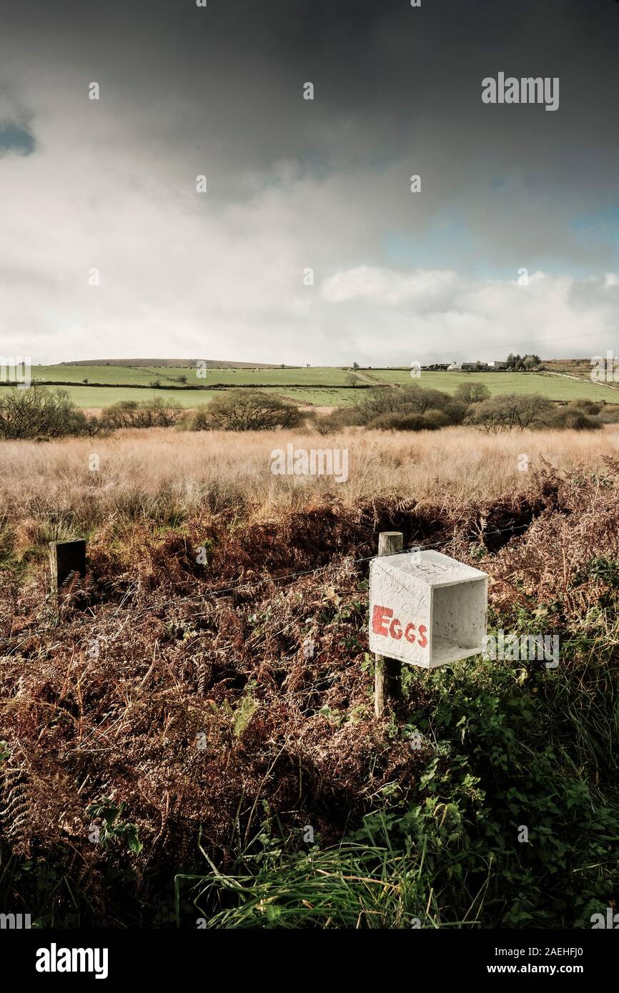 An honesty box on a fence for the sale of eggs on Bodmin Moor in Cornwall. Stock Photo
