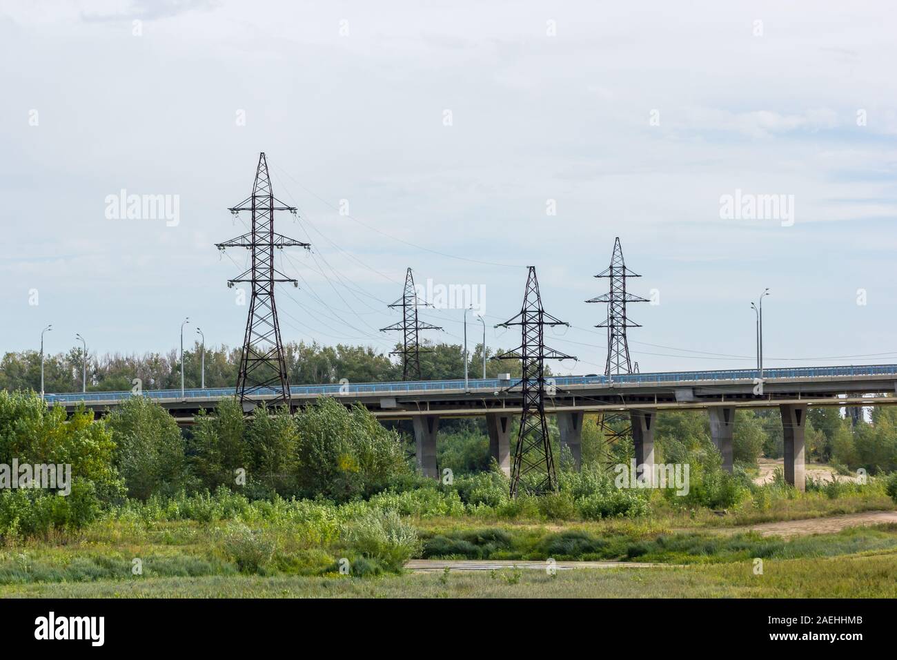 Road bridge passing through a field with trees and bushes. Panorama. Stock Photo