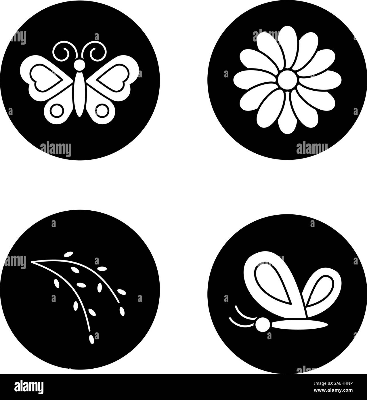 Spring icons set. Butterflies, aster flower, willow blossom. Nature. Vector white silhouettes illustrations in black circles Stock Vector