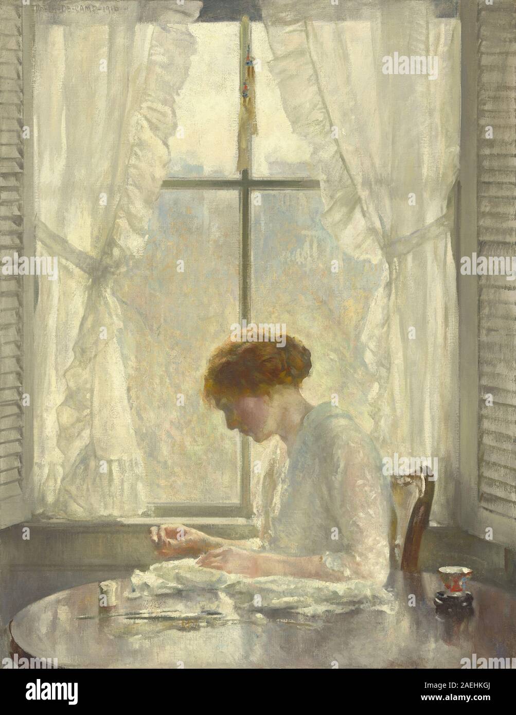 The Seamstress, 1916 by Joseph Rodefer DeCamp depicts a female figure ...