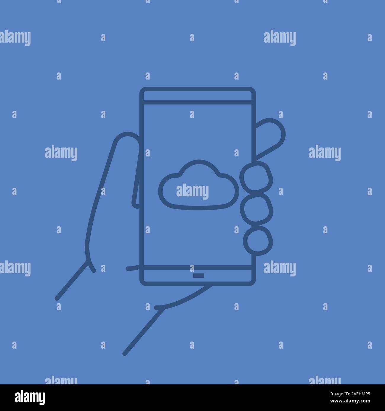 Hand holding smartphone color linear icon. Smart phone cloud storage ...