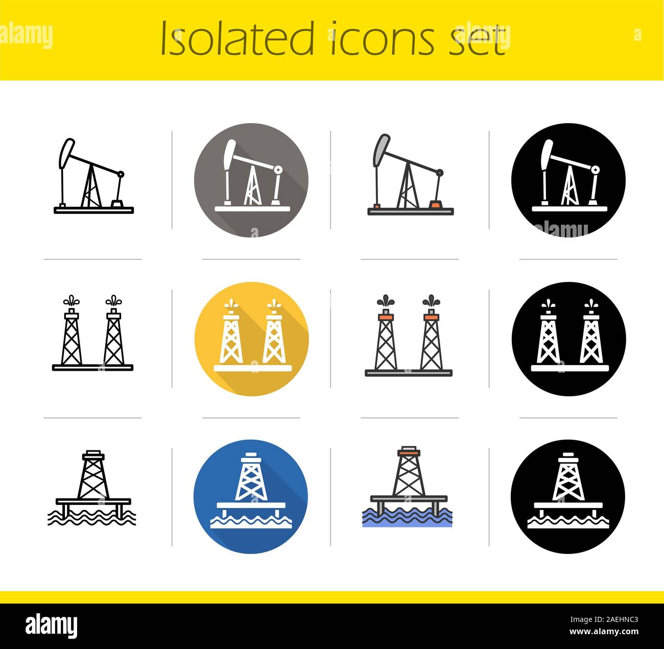 Oil industry icons set. Flat design, linear, black and color styles ...