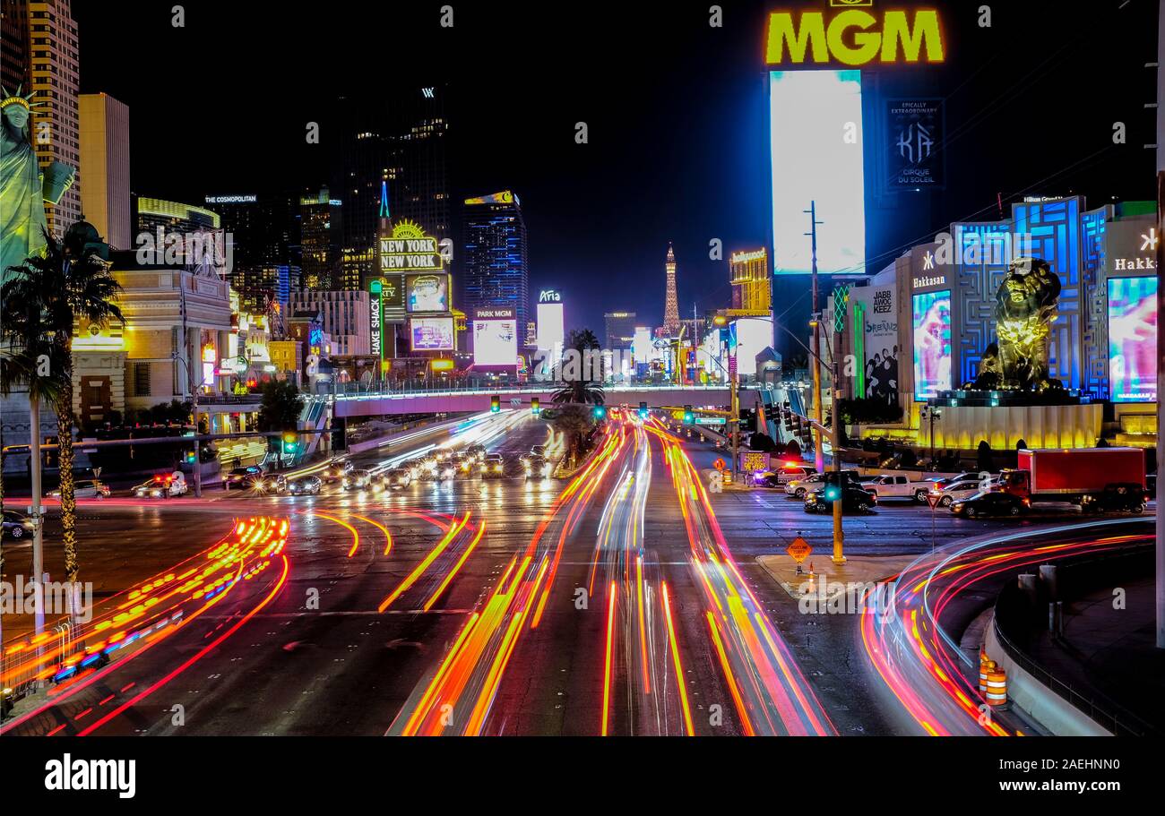 Long exposure shot of the Las Vegas strip at night, Las Vegas, Nevada. Stock Photo