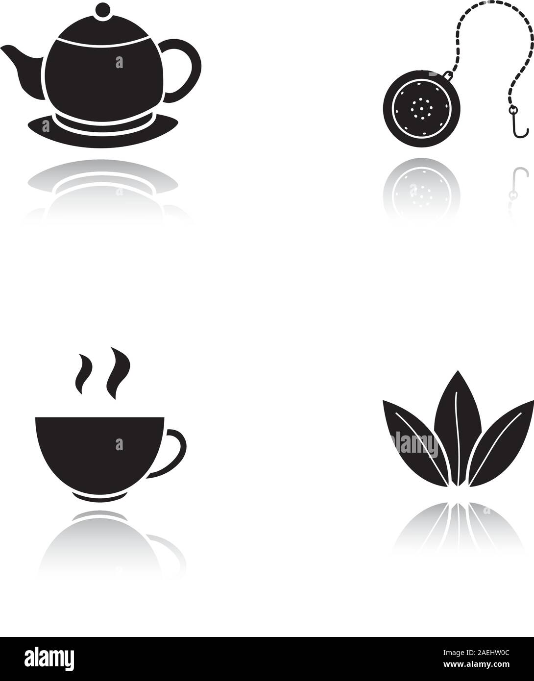 Tea drop shadow black icons set. Steaming cup, teapot on plate, loose