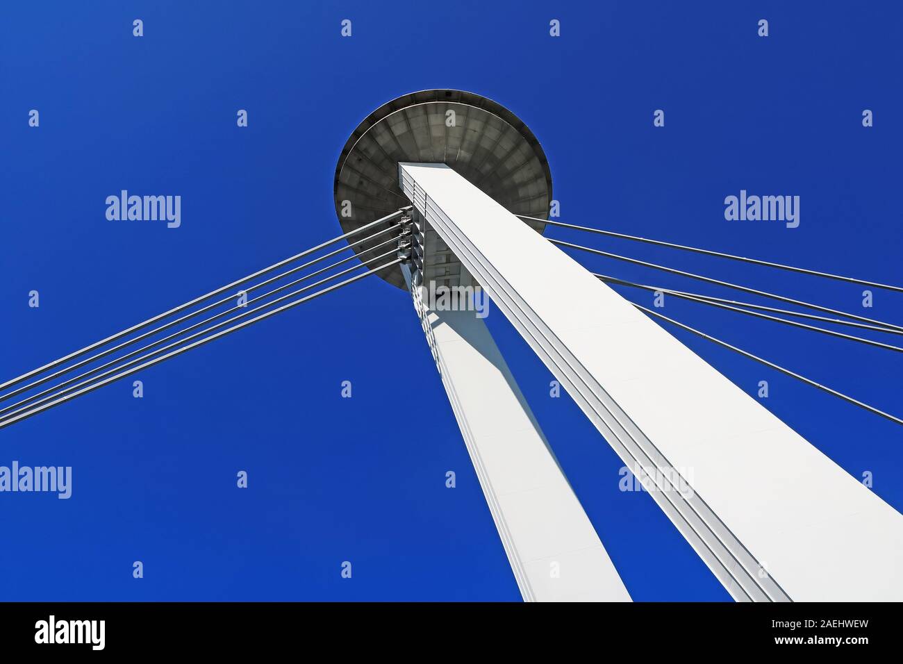 View of observation deck and restaurant on the modern bridge called Ufo in Bratislava, Slovakia Stock Photo