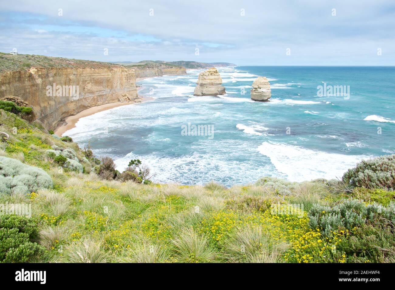 Scenic lookout in The Great Ocean Road, an iconic Australian destination. Stock Photo