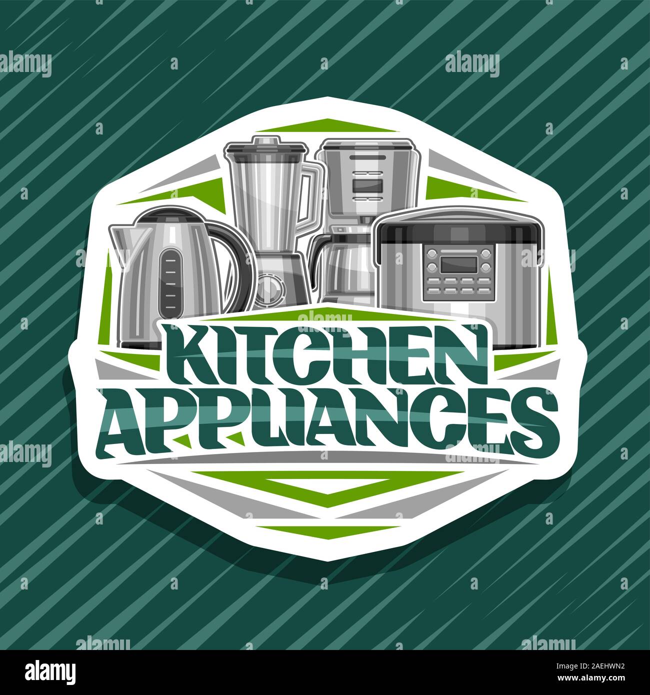 Vector logo for Kitchen Appliances, white sign with illustration of set