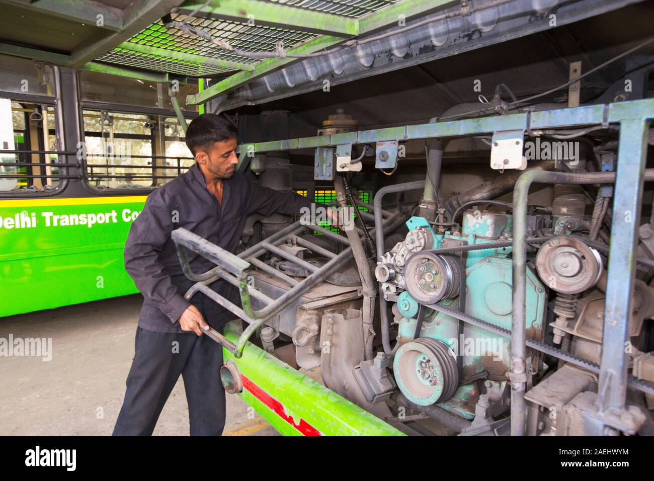 All of Delhi's buses run on Compressed Natural Gas (CNG), it is the worlds largest eco friendly bus fleet, and has helped to improve Delhi's air quali Stock Photo