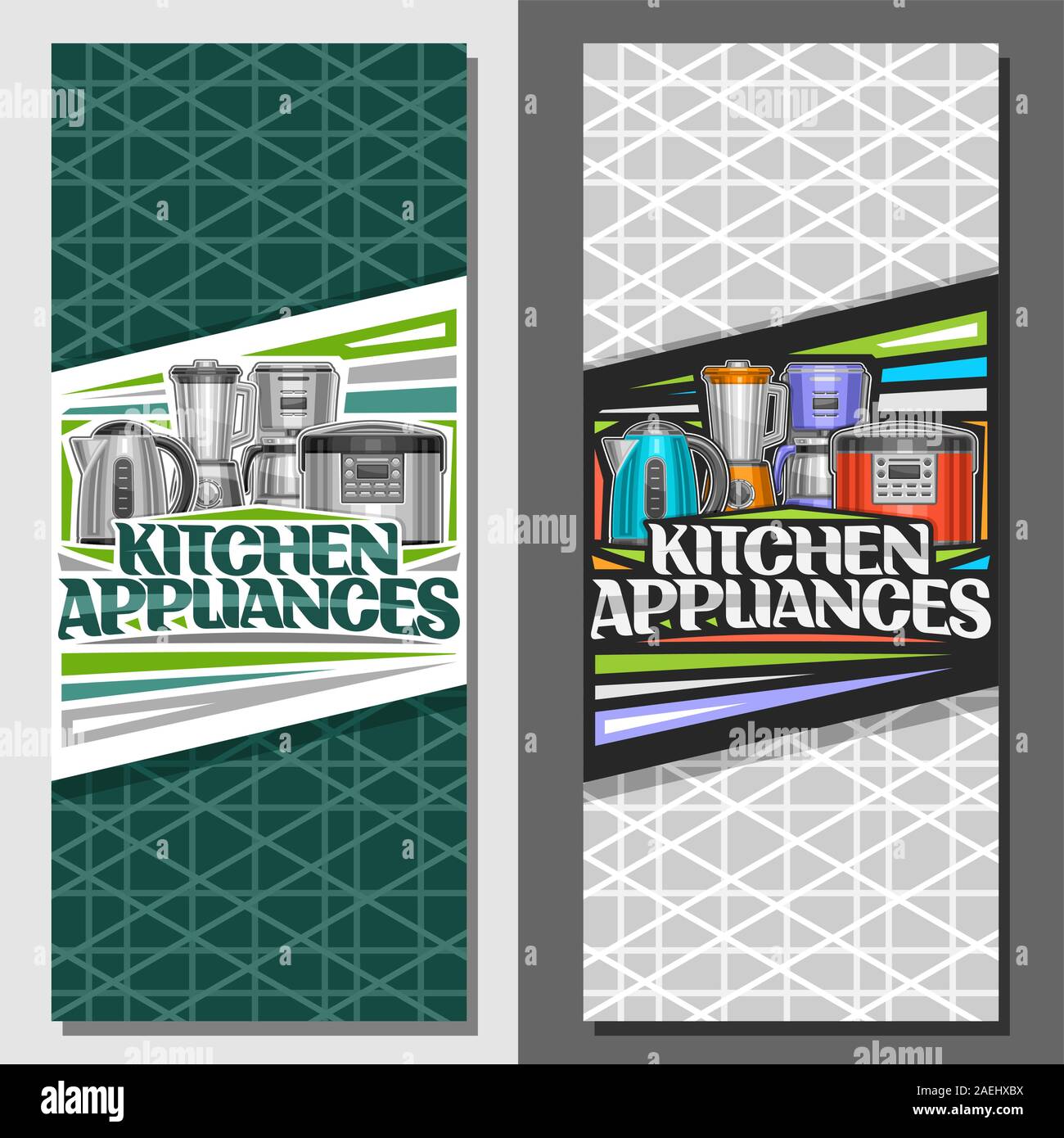 Vector layouts for Kitchen Appliances, leaflets with illustration of set various electrical goods, original lettering for words kitchen appliances and Stock Vector