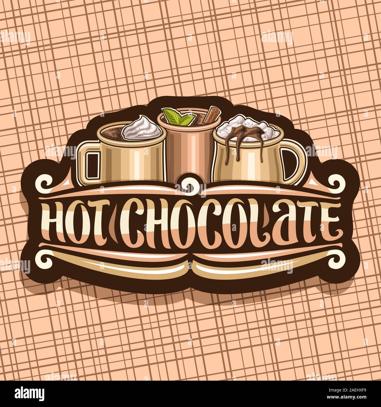 Vector logo for Hot Chocolate, decorative label with 3 cups of traditional fall desserts, dripping melted chocolate, original brush lettering for word Stock Vector