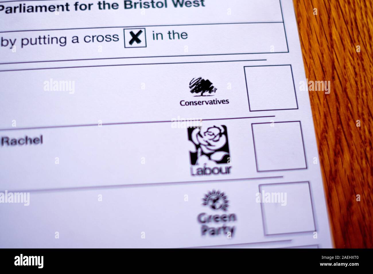 A voting slip in the 2019 general election, showing the Conservative Party Stock Photo