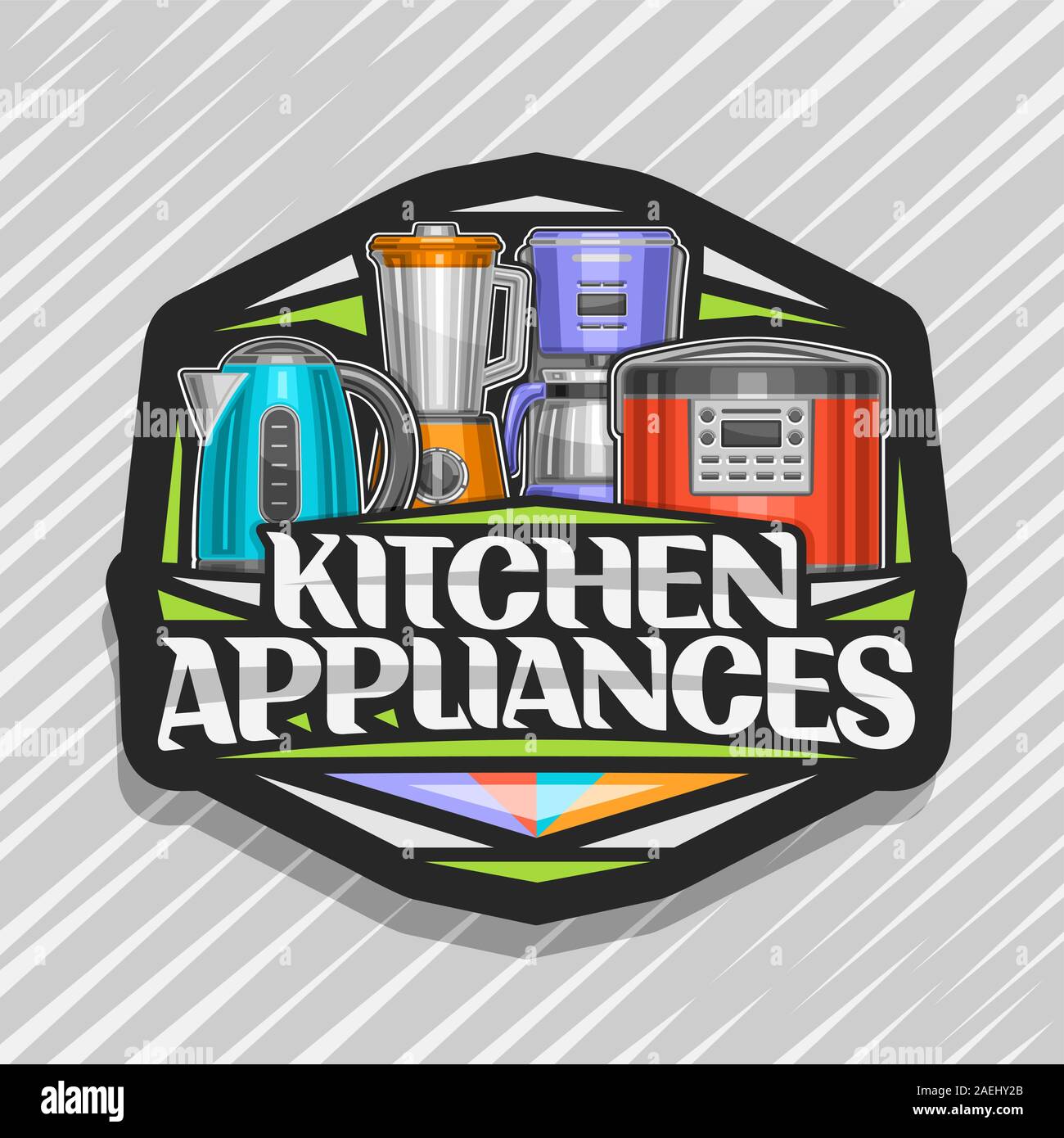 Vector logo for Kitchen Appliances, black sign with illustration of set