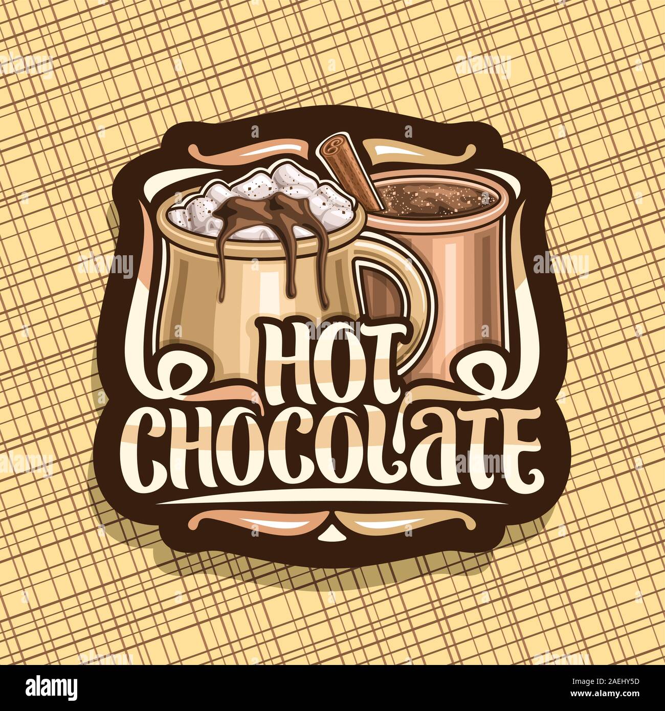 Vector logo for Hot Chocolate, vintage decorative badge with 2 cups of christmas dessert, dripping melted chocolate, original brush lettering for word Stock Vector