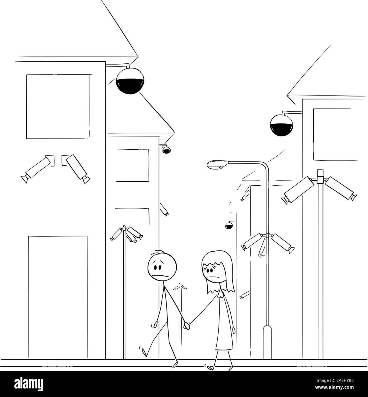 Vector cartoon stick figure drawing conceptual illustration of man and woman walking on the street with surveillance security cameras everywhere. Concept of living in unfreedom society or dictatorship. Stock Vector