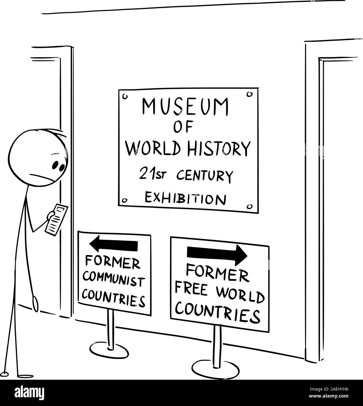 Vector cartoon stick figure drawing conceptual illustration of man in museum looking at ambiguous text on sign indicating the loss of freedom and liberty in western countries, also known as free world. Stock Vector
