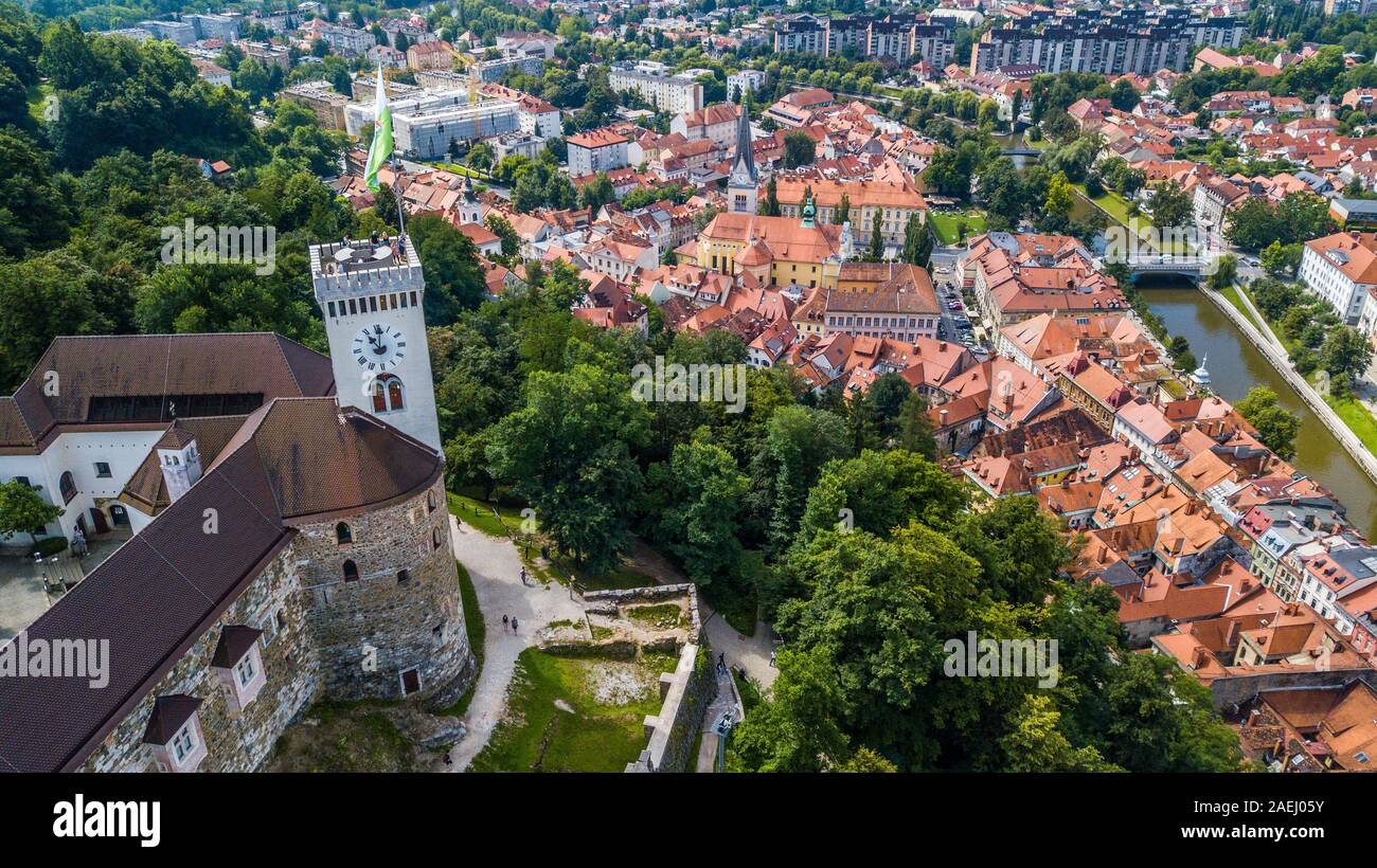 Old town and Ljubljana Castle, Ljubljana, Slovenia Stock Photo