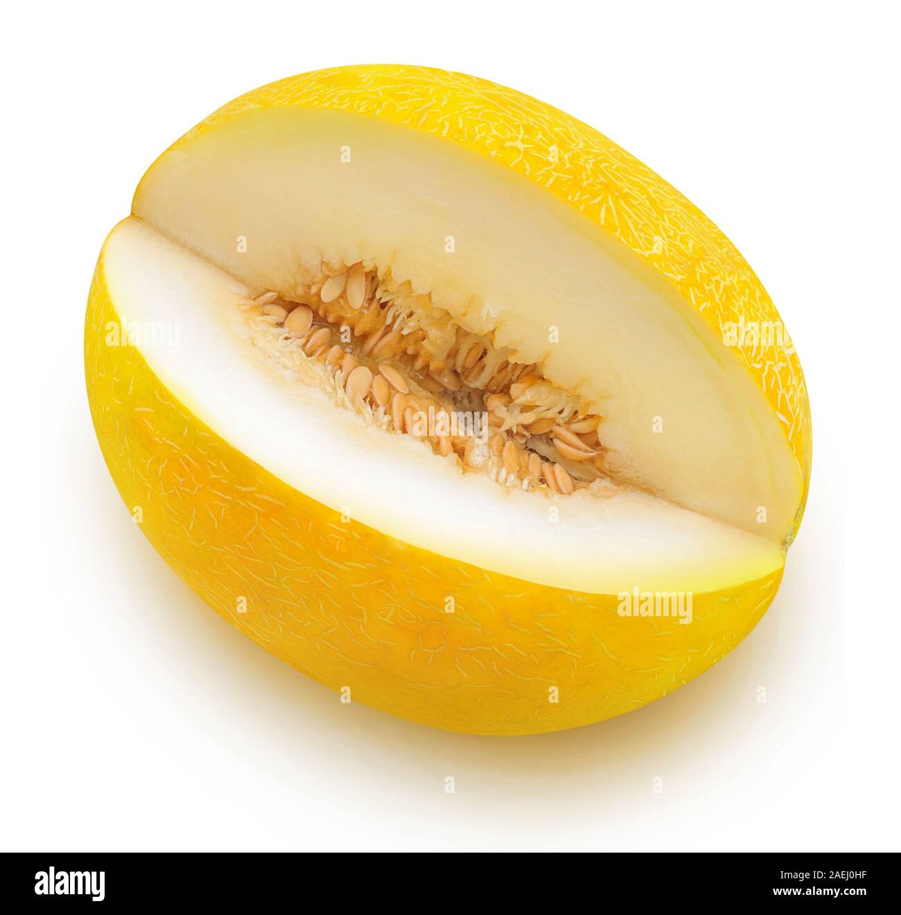 Isolated melon. Yellow melon fruit with cut out slice isolated on white background with clipping path, high angle view Stock Photo