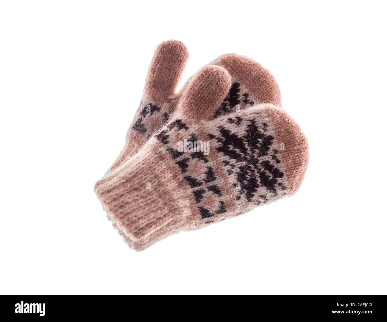 Winter wool mitts on a white background. Stock Photo