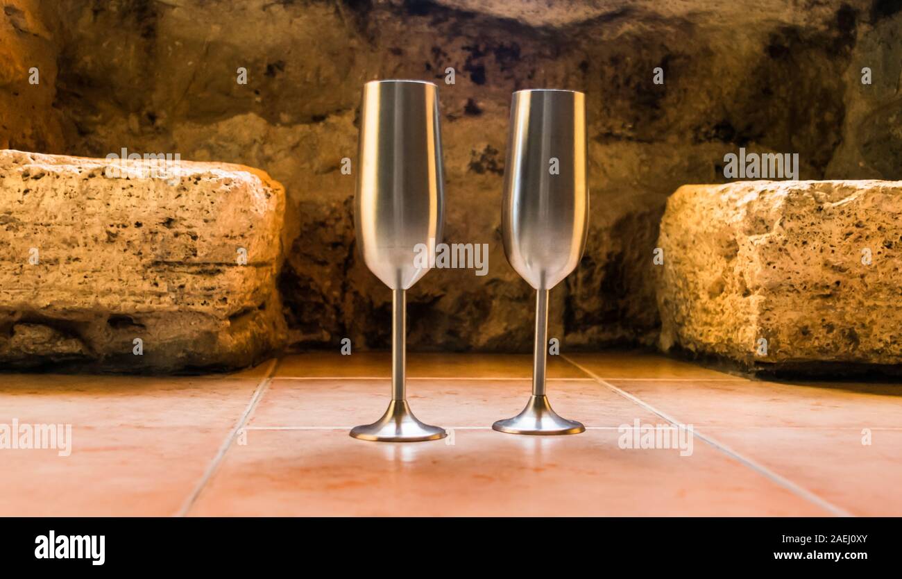 Aluminum champagne glasses, to toast in a romantic place Stock Photo