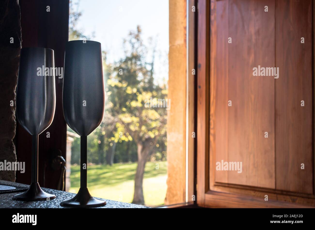 Aluminum champagne glasses, to toast in a romantic place Stock Photo