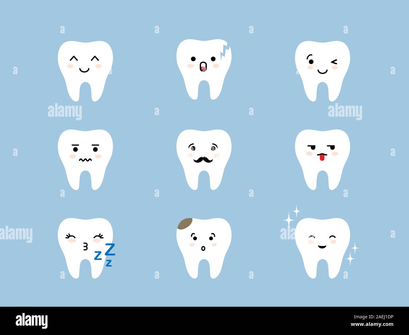 Teeth emoji icon set. Cracked, broken, healthy white cute cartoon kawaii tooth characters with