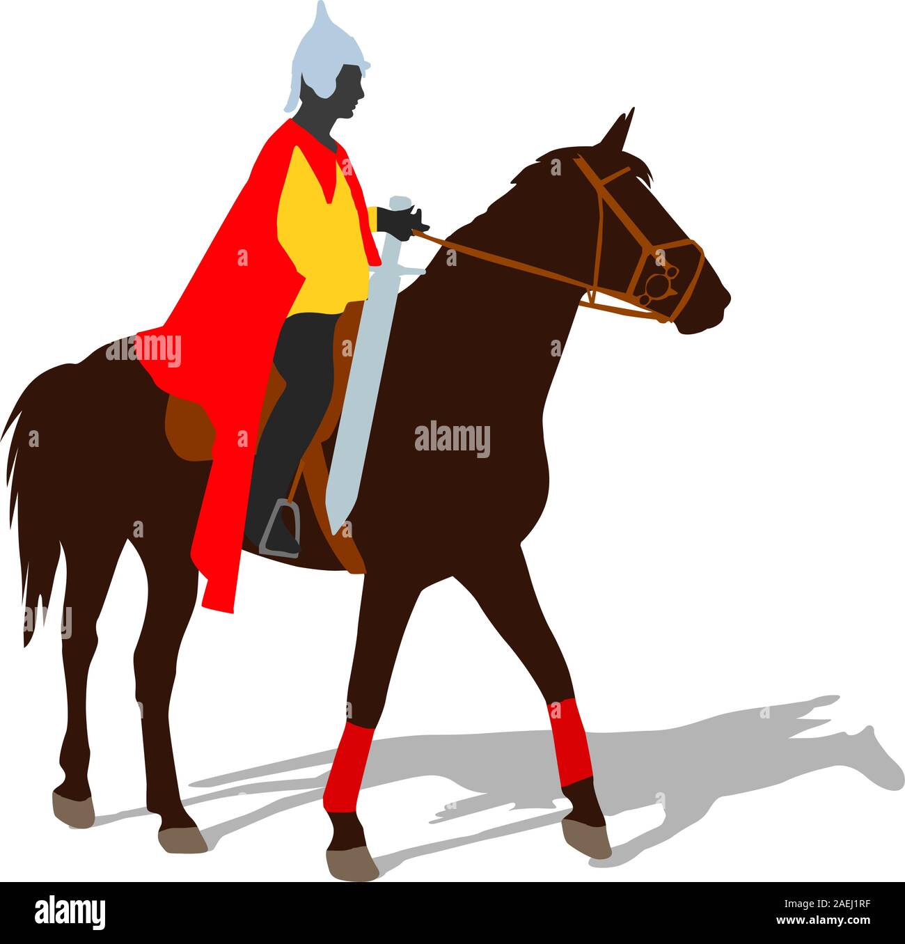 Rider on a horse in clothing warrior with a sword and wearing a helmet ...