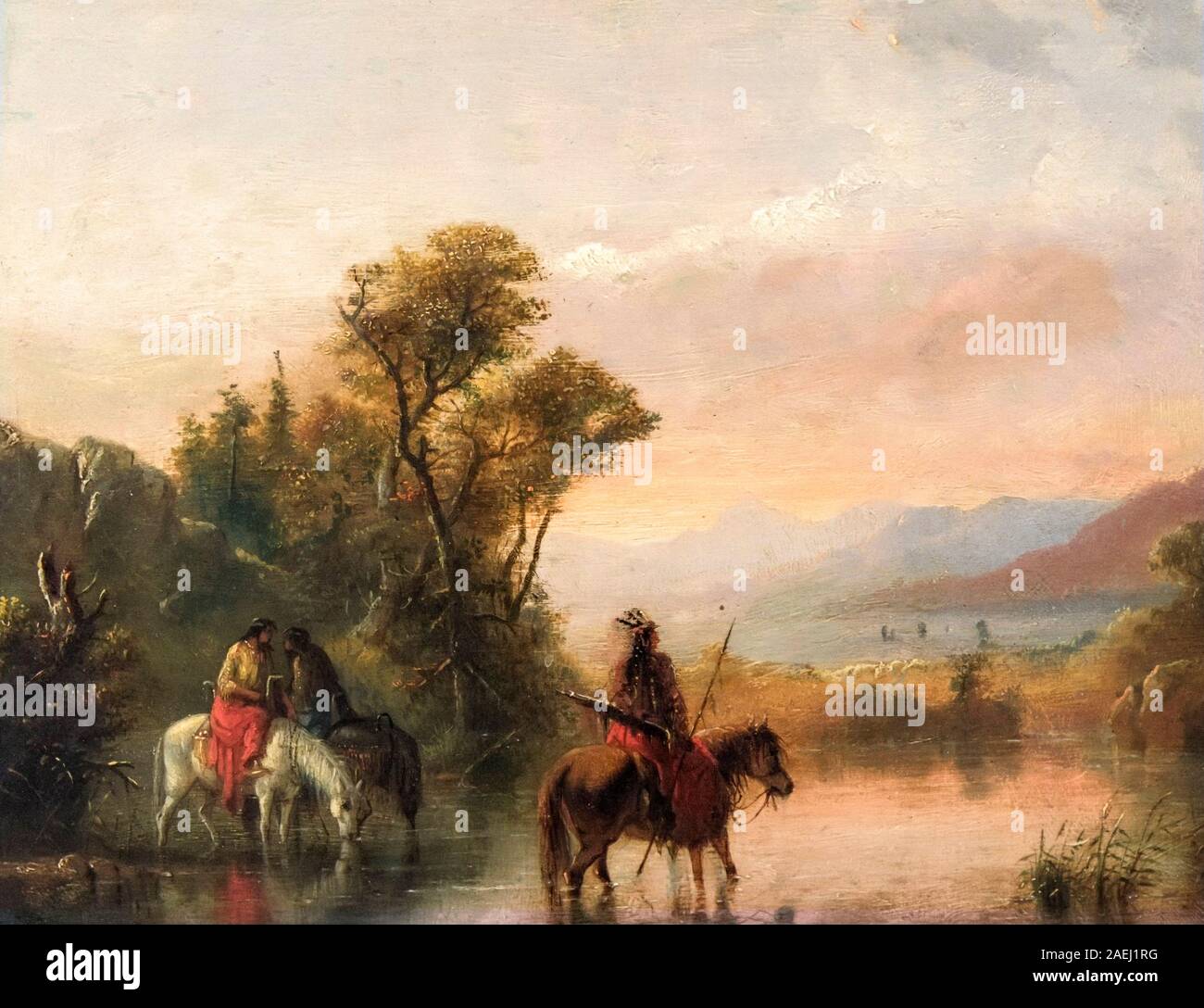 Indians Watering Horses by Alfred Jacob Miller (1810-1874), oil on canvas, 1838 Stock Photo