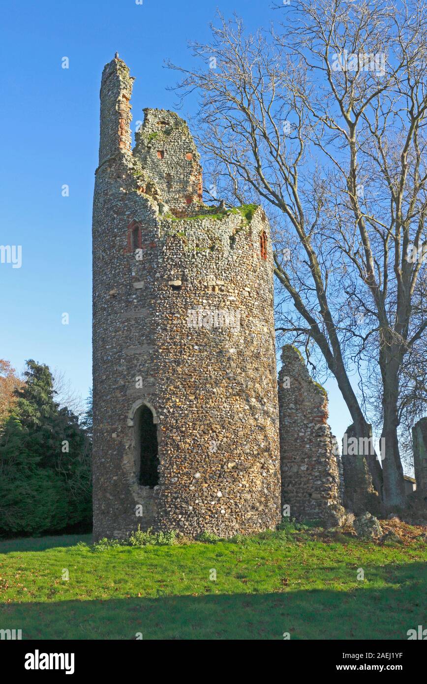 A view of the ruins of the Church of St Mary with round tower in South Norfolk at Kirby Bedon, Norfolk, England, United Kingdom, Europe. Stock Photo