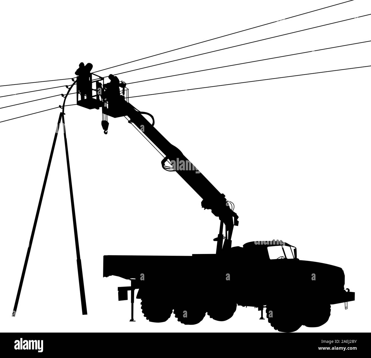 Electrician, making repairs at a power pole. Vector illustration. Stock Vector