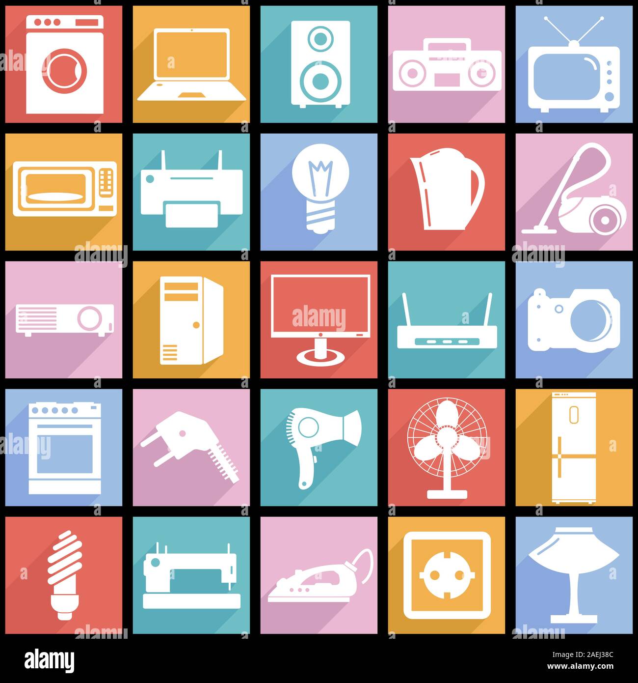 Collection flat icons with long shadow. Electrical devices symbols. Vector illustration Stock
