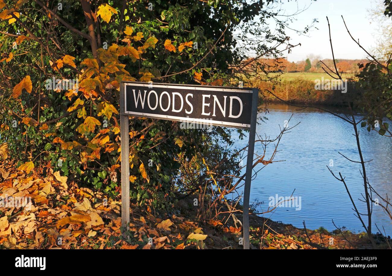 A street sign for Woods End in South Norfolk by the River Yare at Bramerton, Norfolk, England, United Kingdom, Europe. Stock Photo
