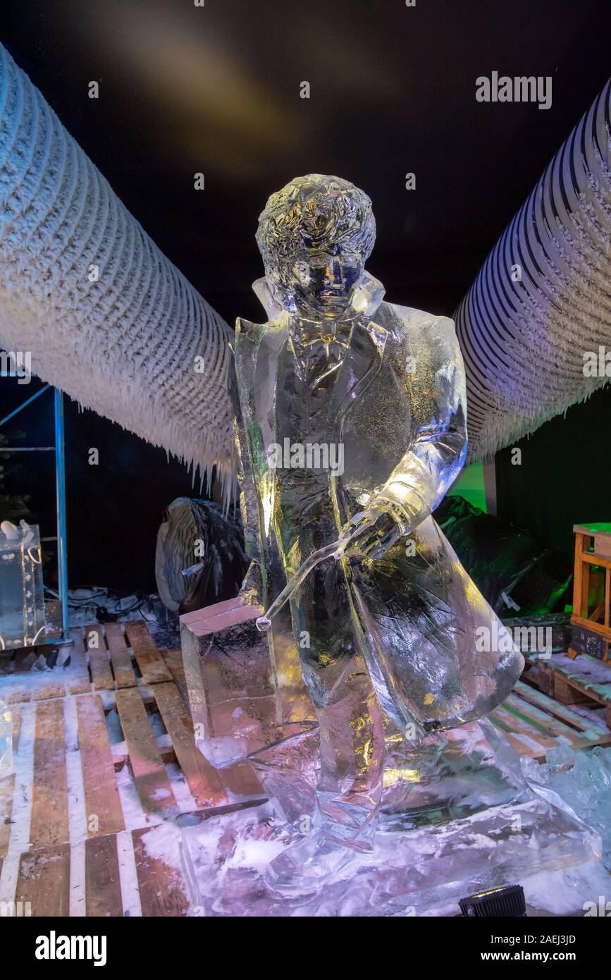 The Netherlands. 09th Dec, 2019. Scheveningen beach, The Hague. Monday 9th  December, 2019.The theme of this year's ice sculpture exhibition: 'Frozen  Magic - Ice Sculpture Festival, '. The exhibit is housed inside
