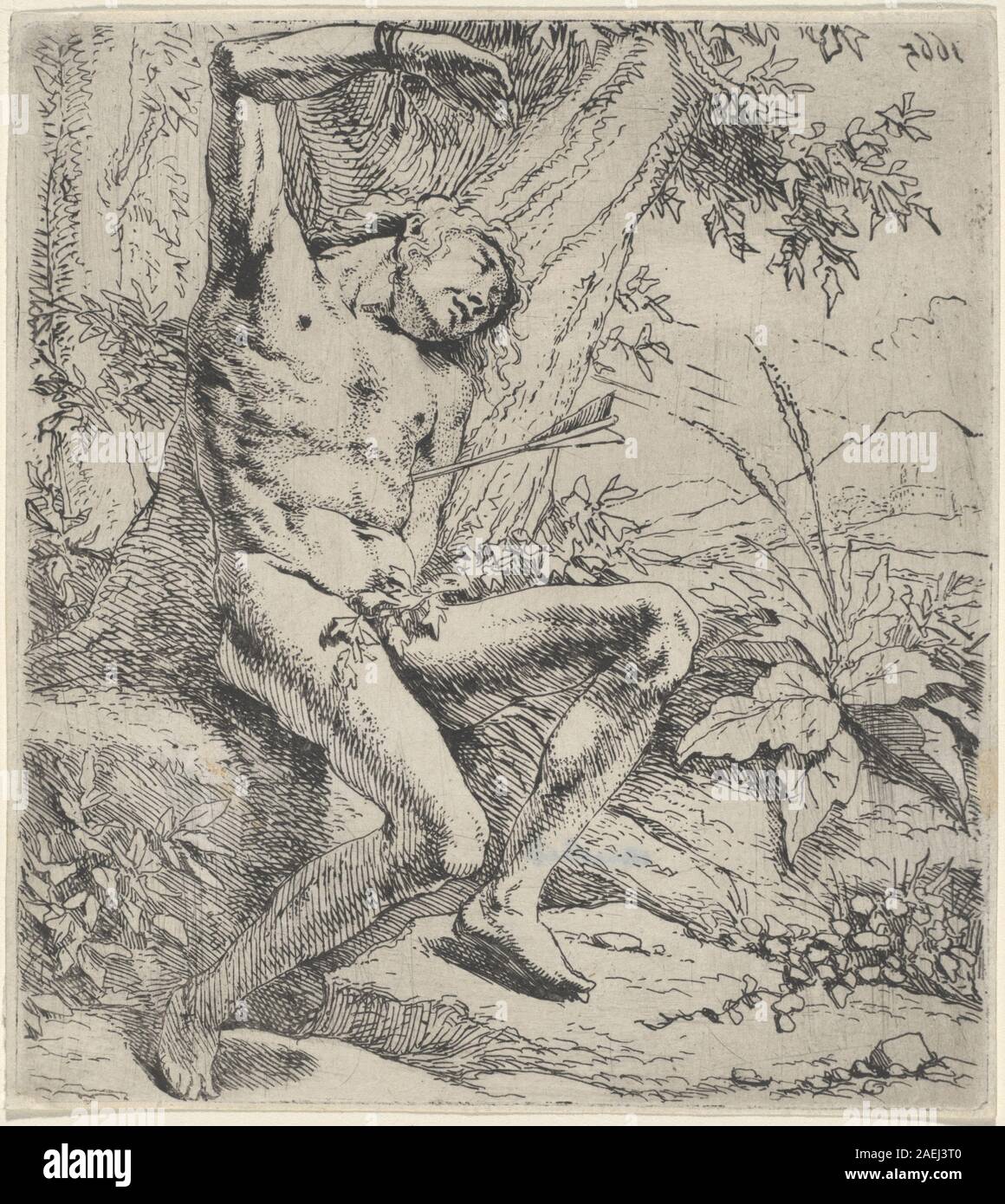 Saint Sebastian, painted by Leendert van der Cooghen in 1665, depicts the Christian martyr tied and pierced with arrows, rendered in Dutch Baroque religious painting style. Stock Photo