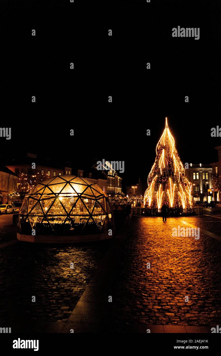 Vilnius, Lithuania - December 09, 2019: Christmas tree and Christmas market in Town Hall, Vilnius, Lithuania Stock Photo