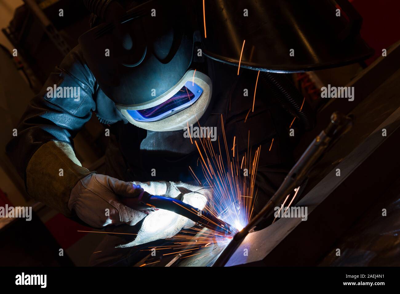 Welding work. welder, craftsman, erecting technical steel Industrial steel welder in factory technical, Stock Photo