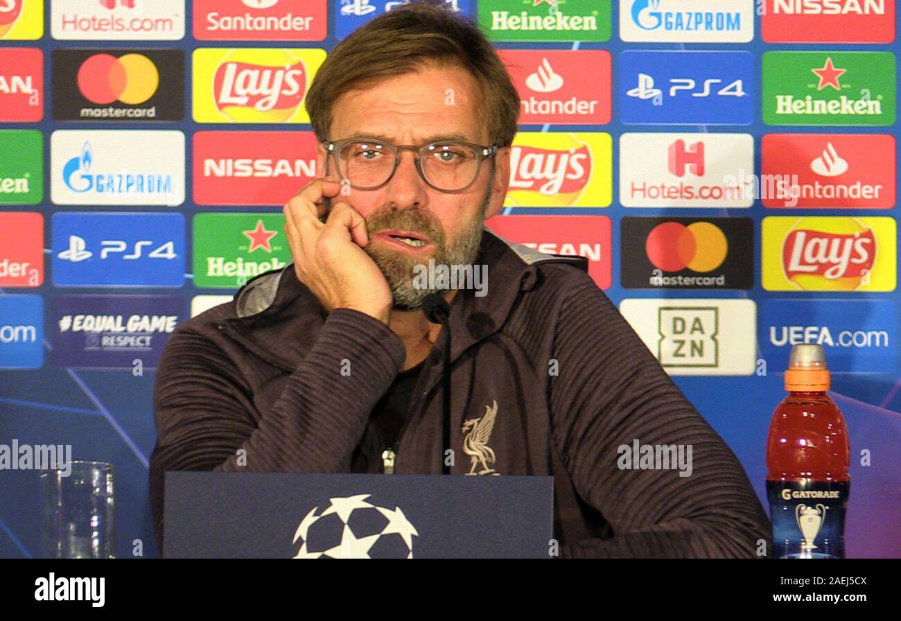 Screengrab taken from PA Video of Liverpool's manager Jurgen Klopp during the press conference at the Red Bull Arena, Salzburg. Stock Photo