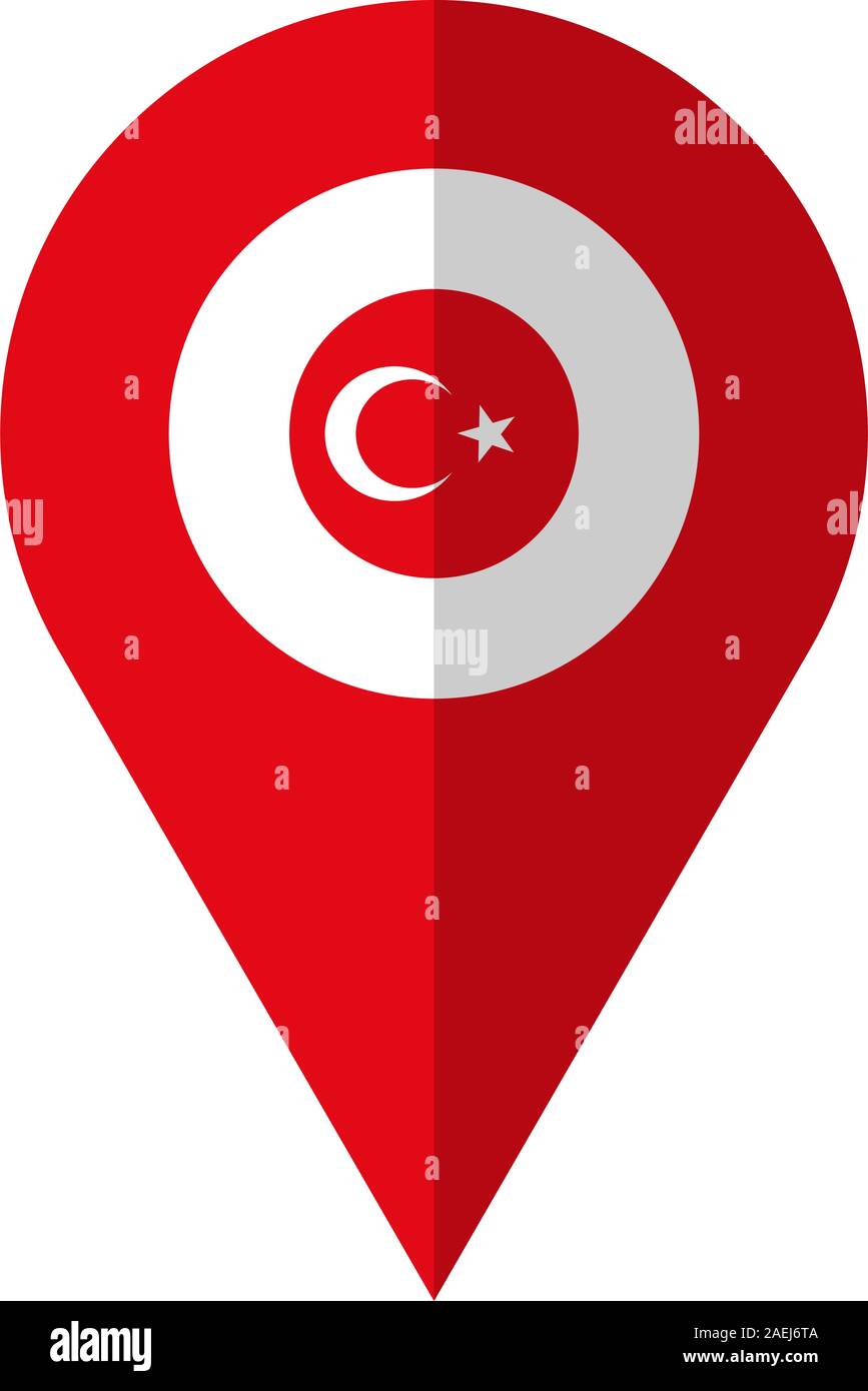 Turkish flag location map pin icon vector illustration. Turkey direction sign pin. Stock Vector
