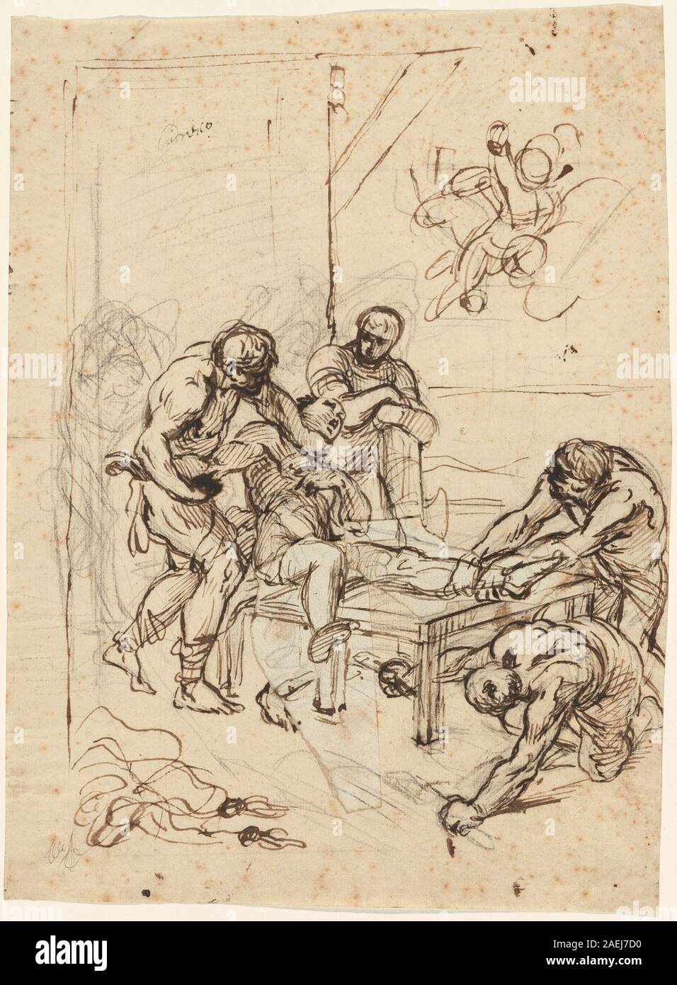 D13344.jpgLodovico Carracci, The Martyrdom of Saint Lawrence Lodovico Carracci (Bolognese, 1555 - 1619), The Martyrdom of Saint Lawrence, pen and brown and gray ink over black chalk on laid paper; with irregularly cut and torn patches attached and drawn with compositional corrections in pen and brown ink and black chalk, Joseph F. McCrindle Collection 2009.70.92 Stock Photo