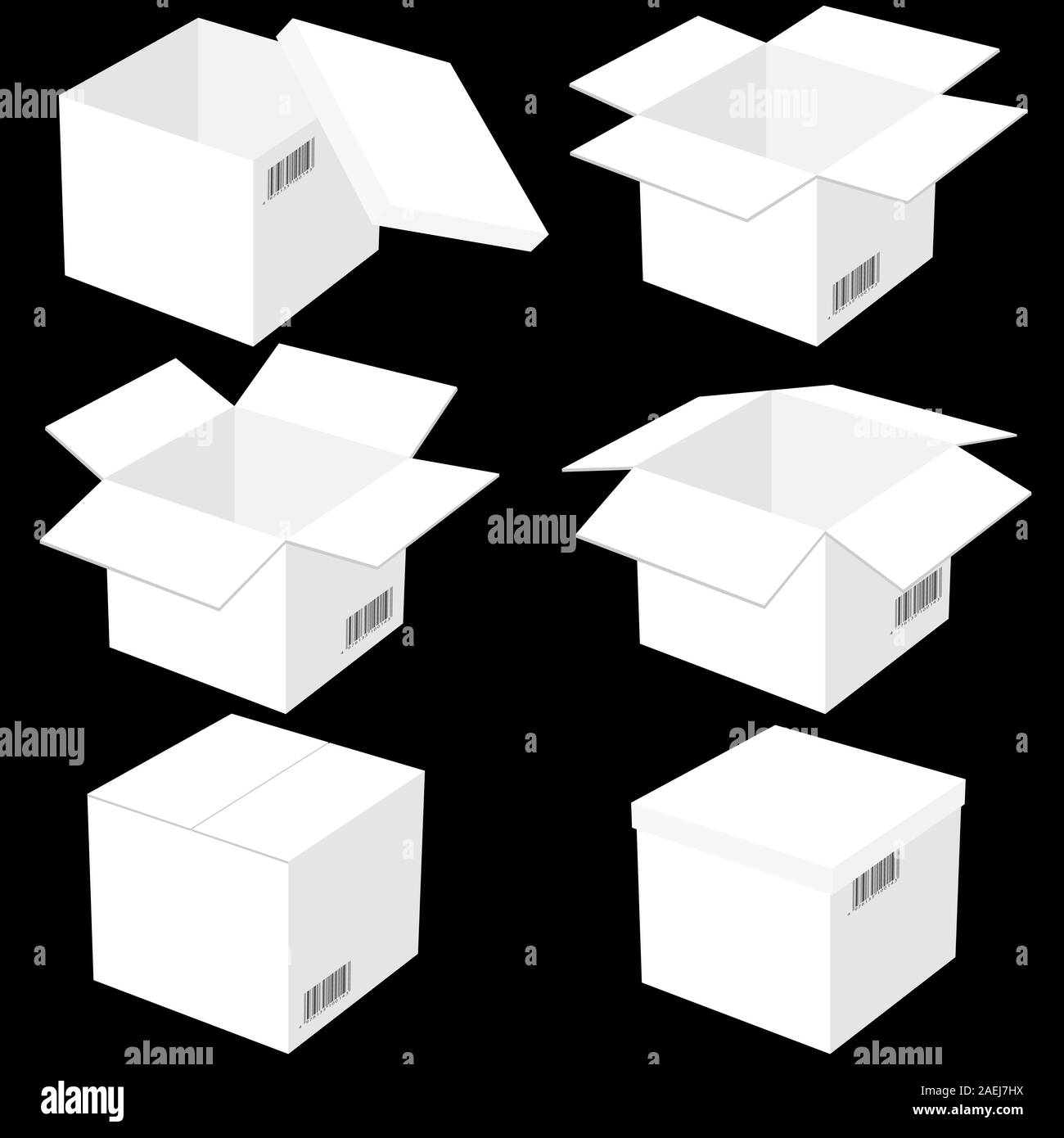 Six boxes, isolated on black background. Vector illustration. Stock Vector