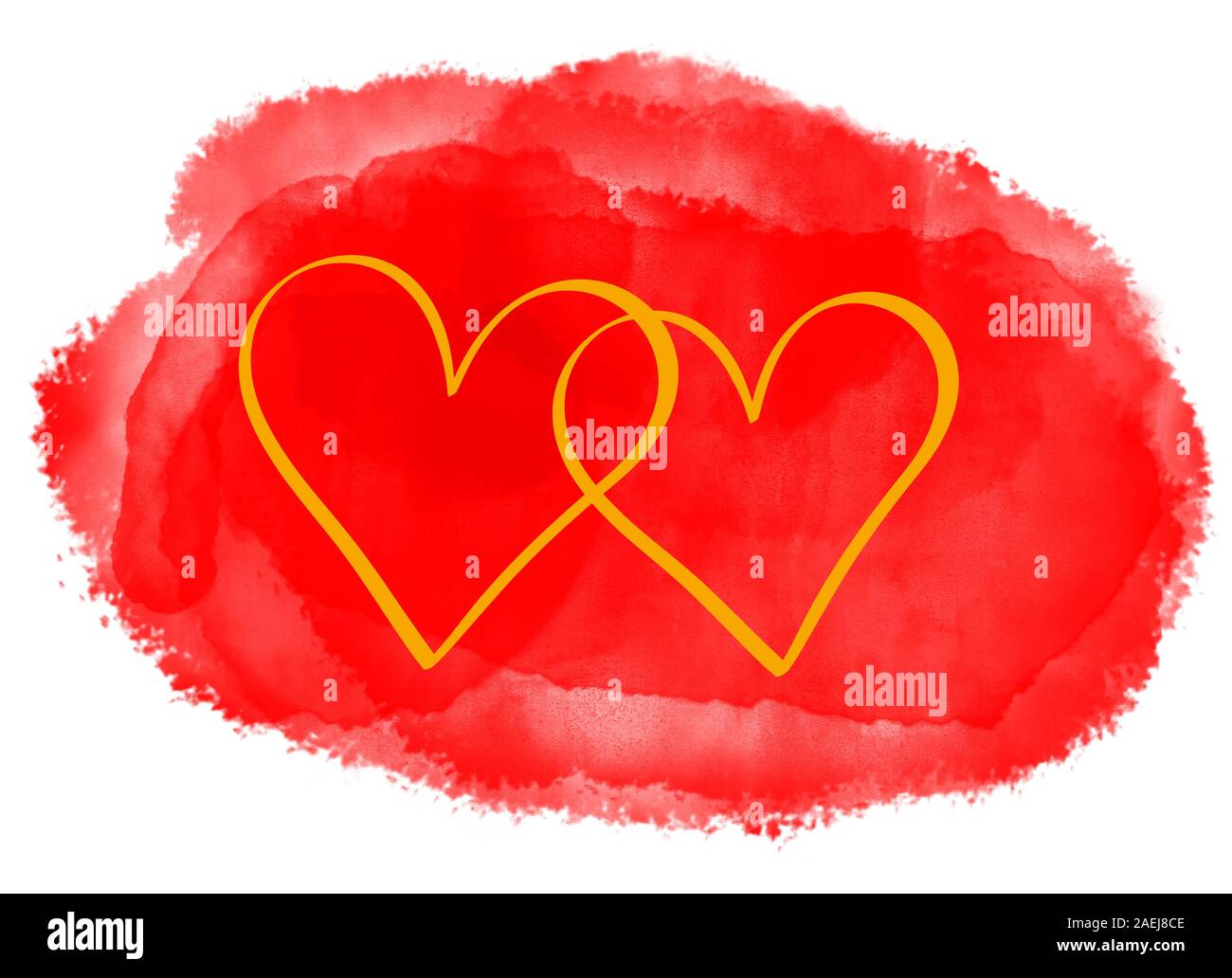 Two intertwined golden hearts on background of big watercolor painted ...