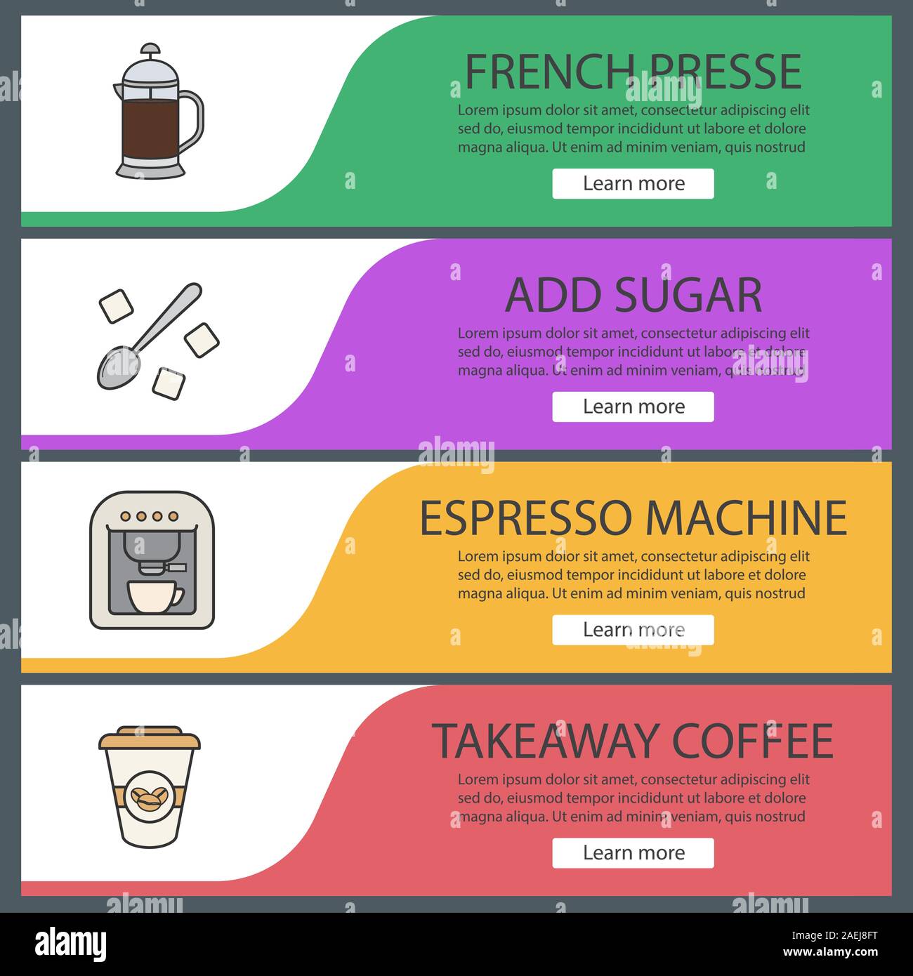 Coffee web banner templates set. French press, teaspoon with sugar