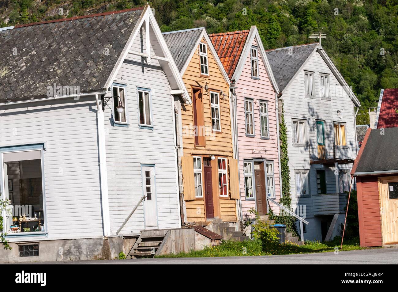 Wooden houses, historic town centre of Laerdalsoeyri on the Sognefjord, Sogn og Fjordane, Norway Stock Photo