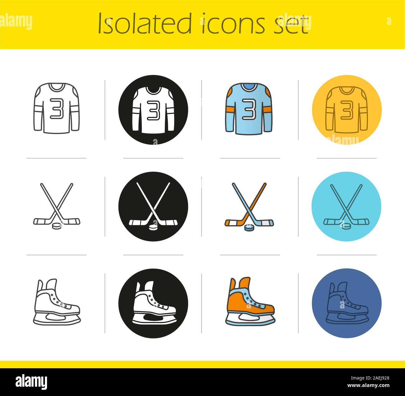 Ice hockey equipment icons set. Linear, black and color styles. Hockey