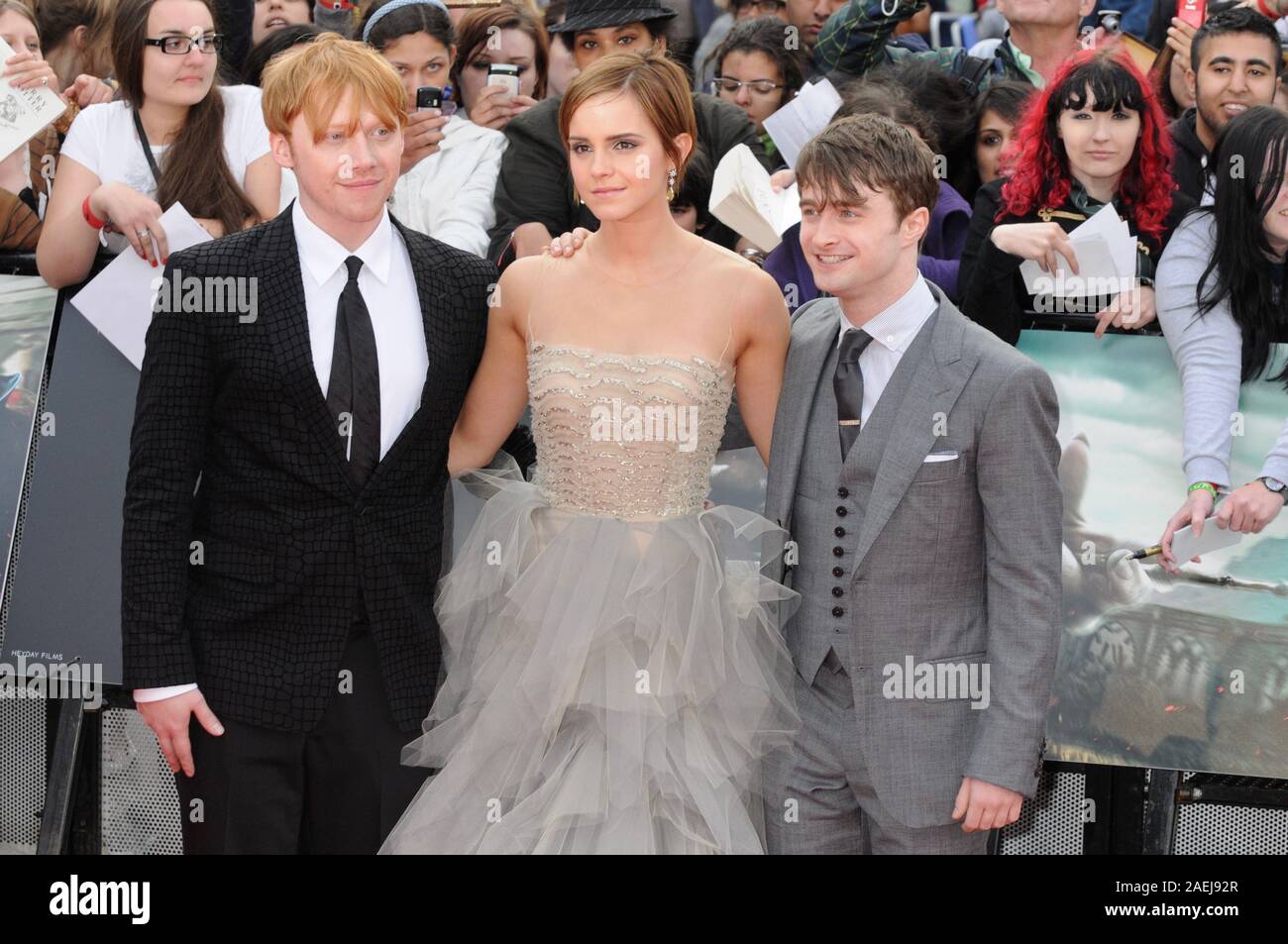 Rupert Grint,  Emma Watson,  Daniel Radcliffe,  Harry Porter And The Deathly Hallows Part 2,  World Premiere,  Trafalgar Square,  London.  UK Stock Photo