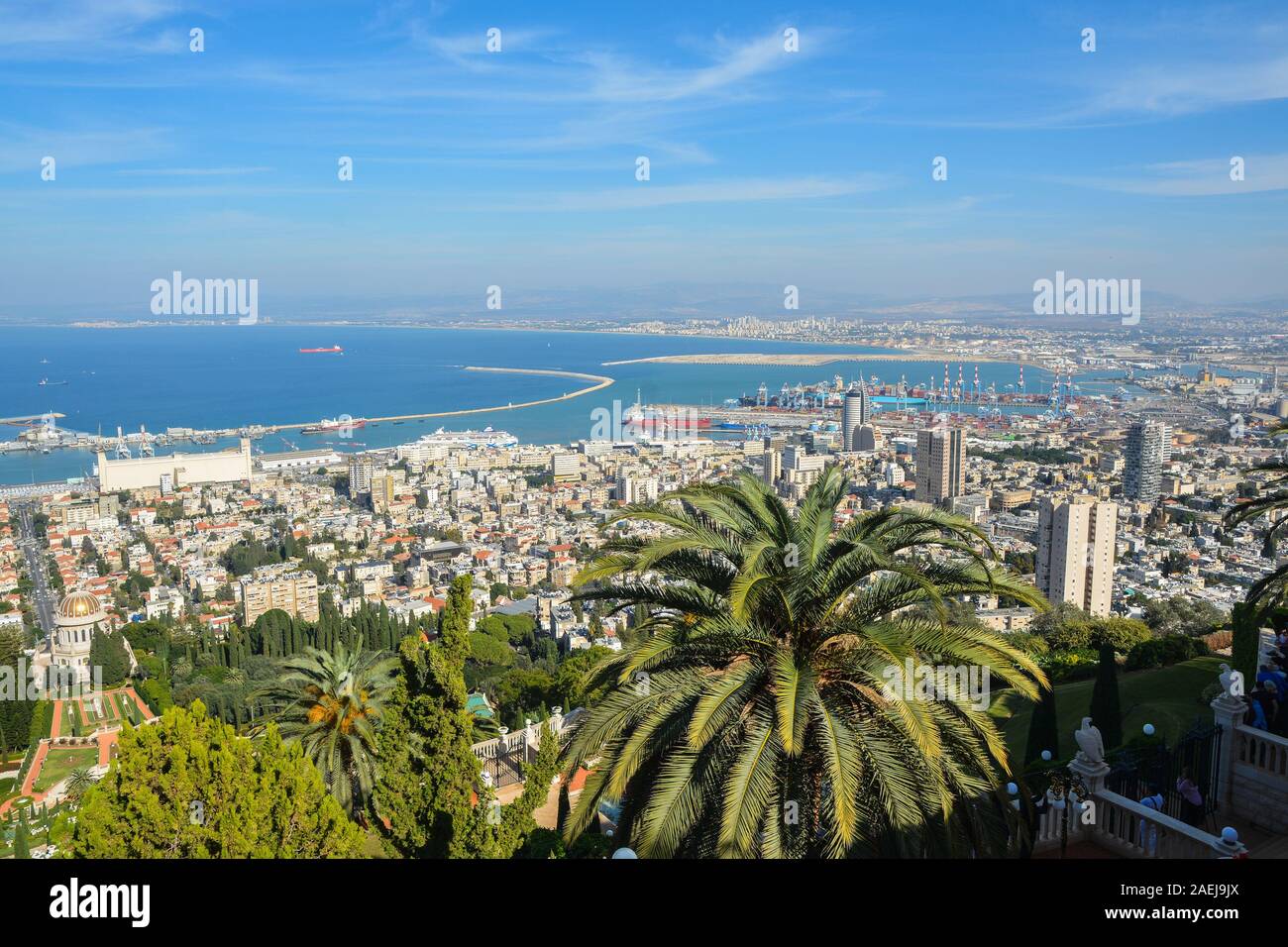 View of Haifa from the hill. Haifa is an Israeli city and port on the Mediterranean Sea. Stock Photo