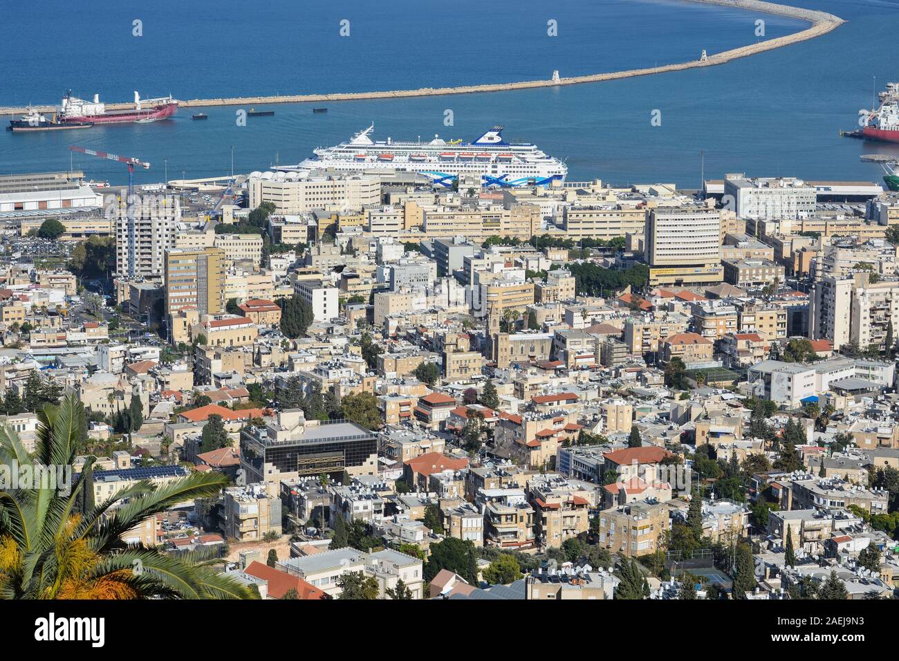 View of Haifa from the hill. Haifa is an Israeli city and port on the Mediterranean Sea. Stock Photo