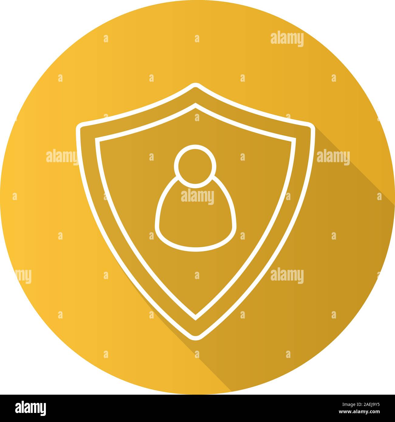 User security flat linear long shadow icon. Protection shield with man figure. Vector outline symbol Stock Vector