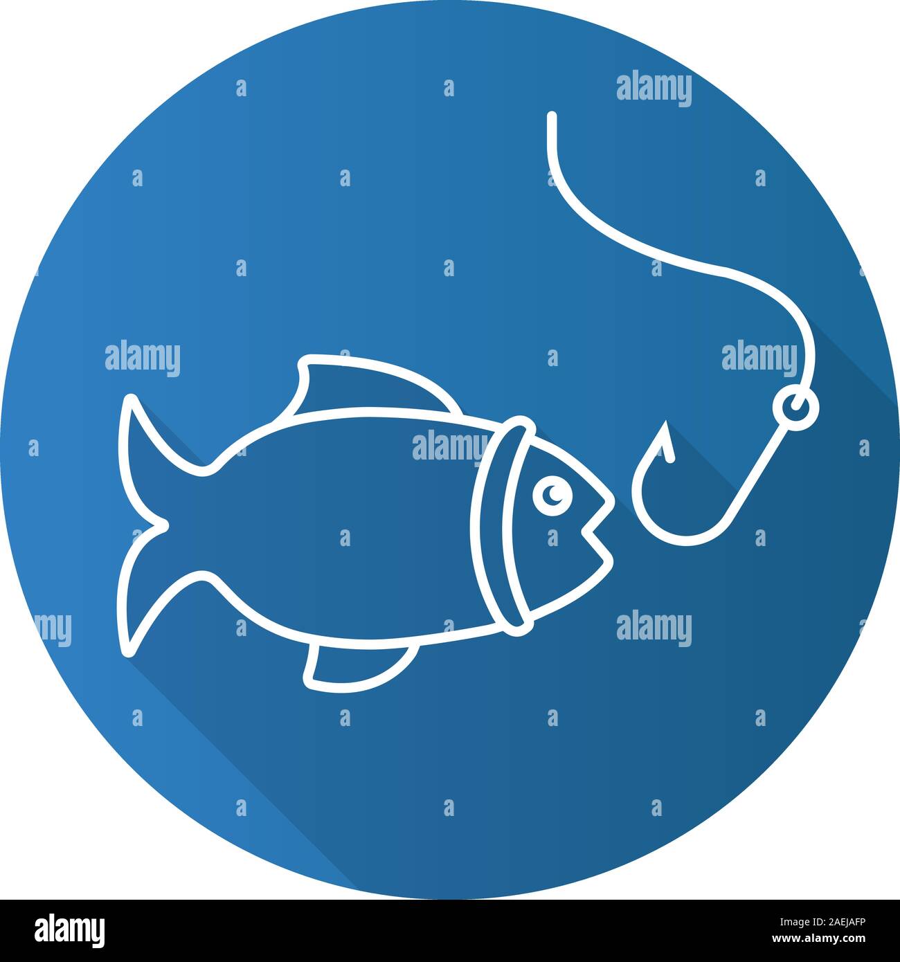 Fishing flat linear long shadow icon. Fish with hook. Vector outline ...