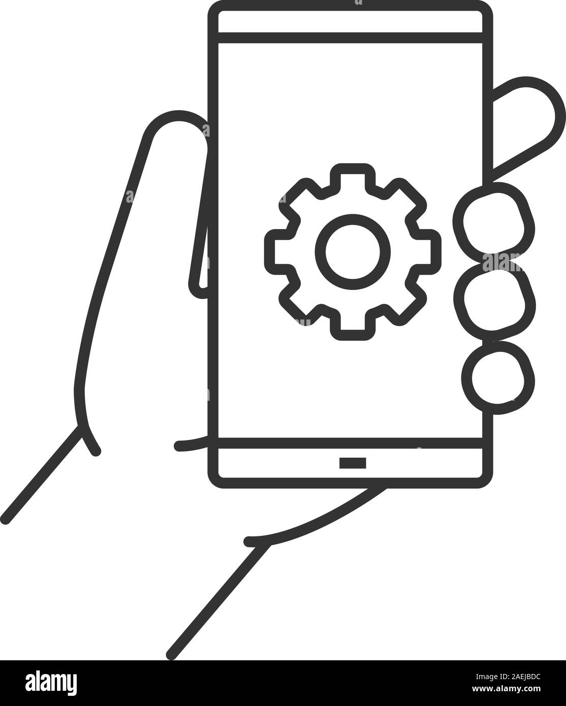 Hand holding smartphone linear icon. Thin line illustration. Smart ...