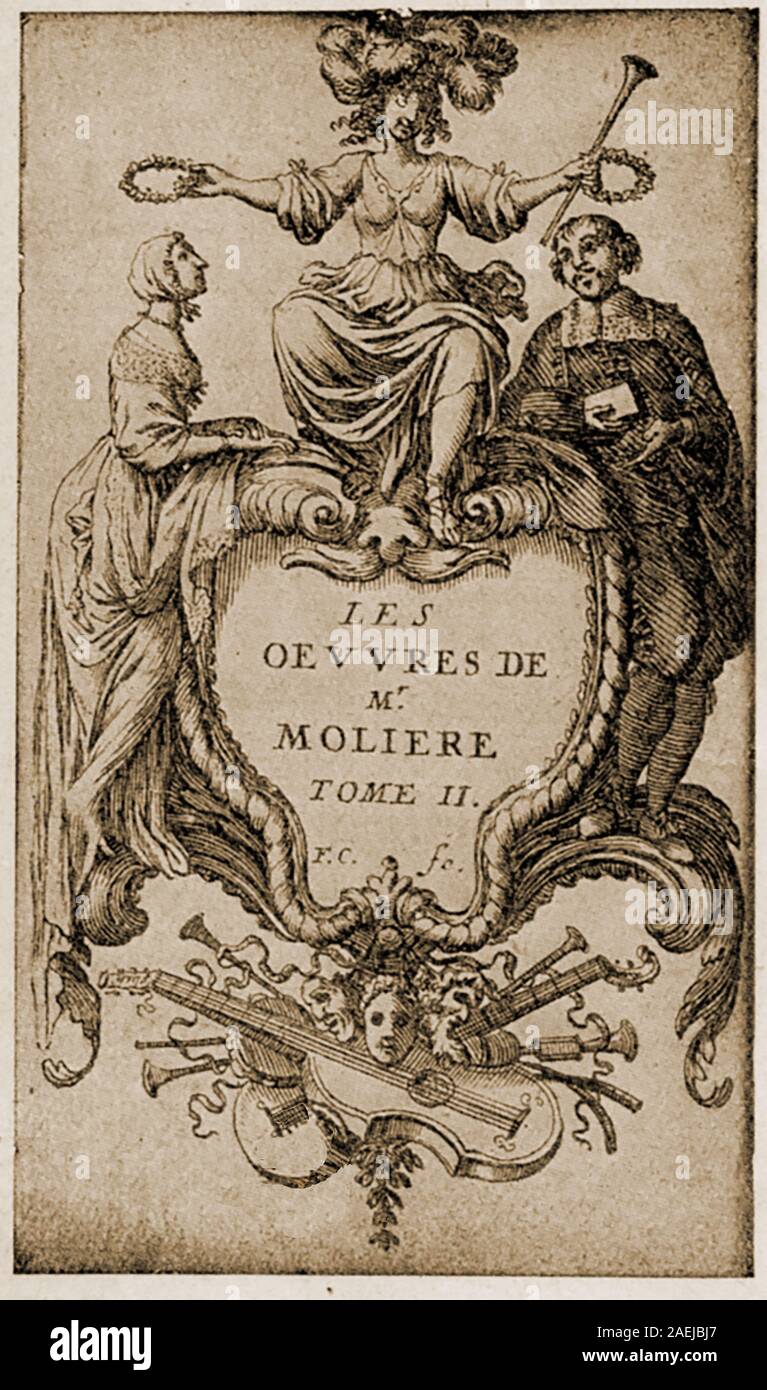 Ancient frontispiece of The Works of Mr Moliere - Volume II with portraits of Moliere and his wife Agnes each side of the shield device. Stock Photo